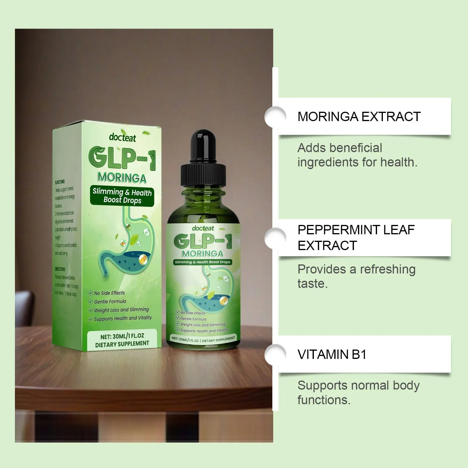 30ml bottle of Vitamin B1 and herbal extract oral liquid supplement with a glass dropper.
