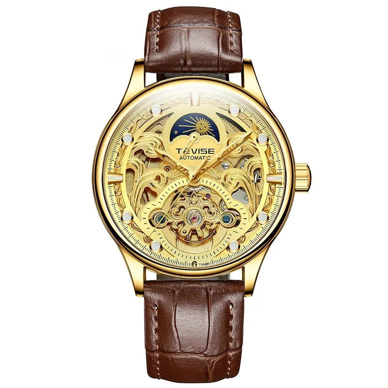 Men's gold leather automatic mechanical watch with waterproof case on wrist.