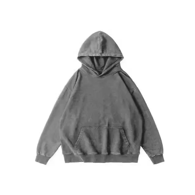 Men's loose-fit collarless hoodie in washed cotton with batik print, showing drop-shoulder sleeves.