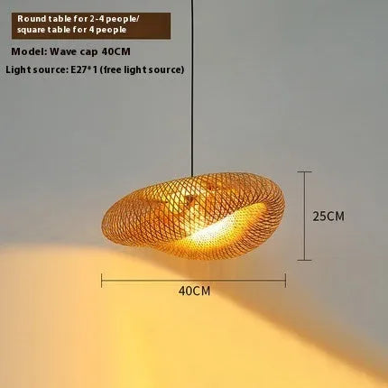 Bamboo straw hat shaped hanging pendant lamp with woven texture on a ceiling.