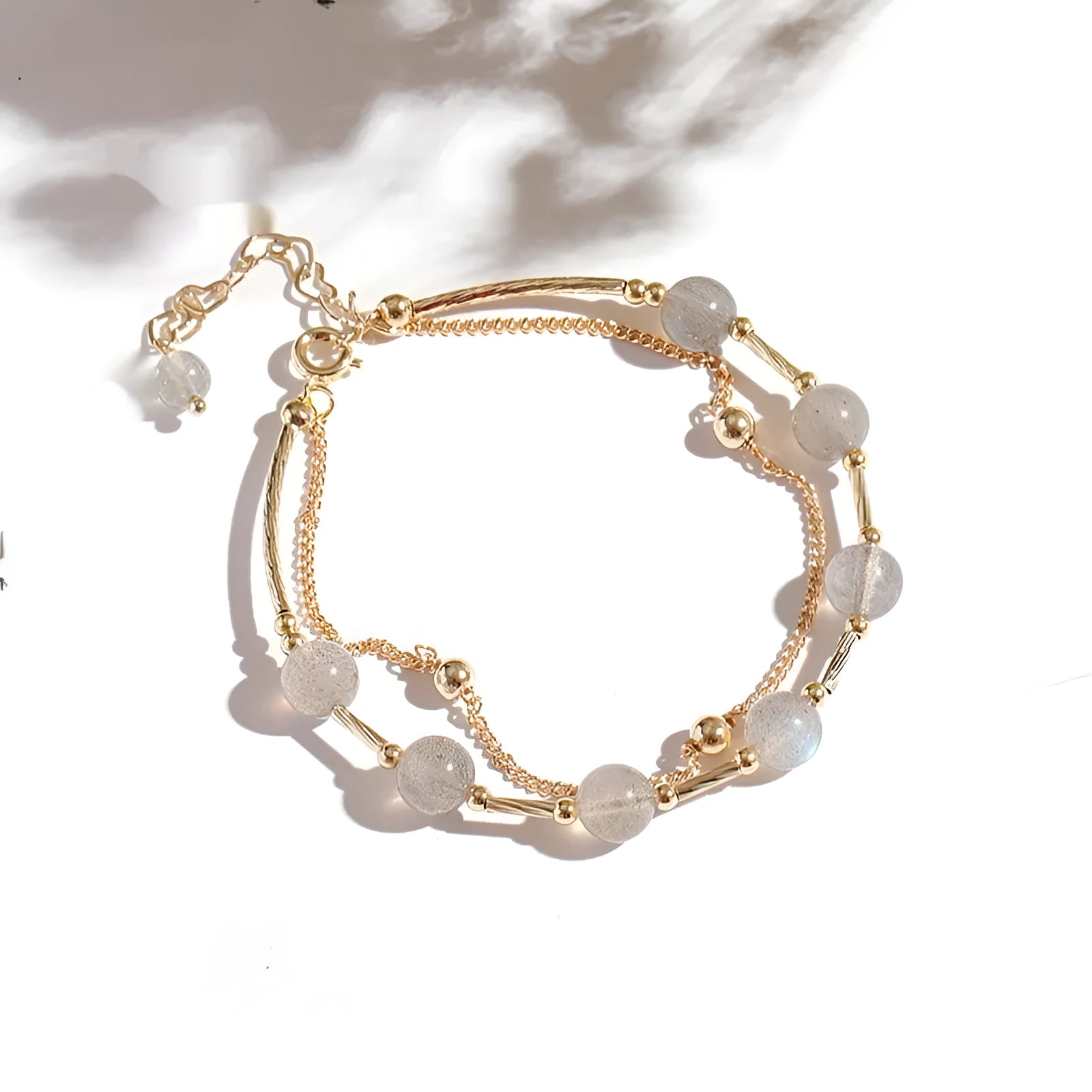 Double layer crystal bracelet with moonstone accents and electroplated copper finish in South Korean style