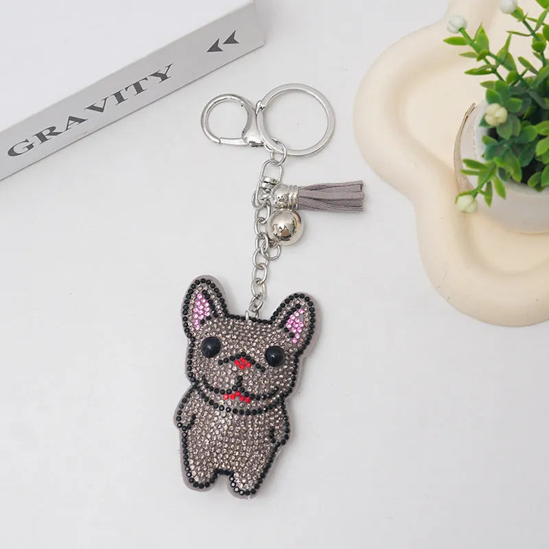 Cartoon French bulldog rhinestone keychain pendant in alloy with electroplated finish