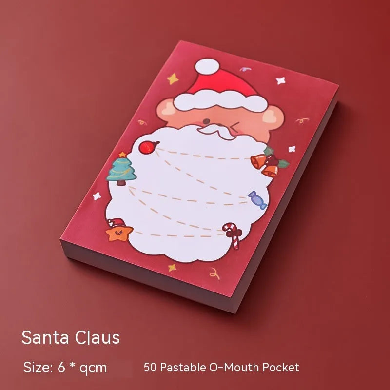 Christmas cartoon sticky notes set showing elf, gift, sled, crystal ball, Santa, house, bear, and snowman designs