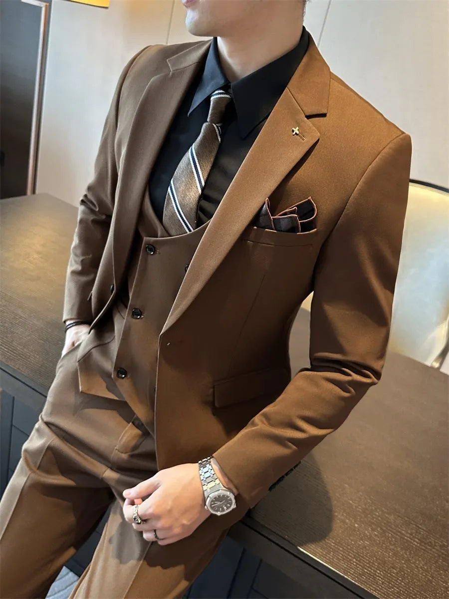 Men's slim fit business formal jacket in dark green, brown, or camel colour.
