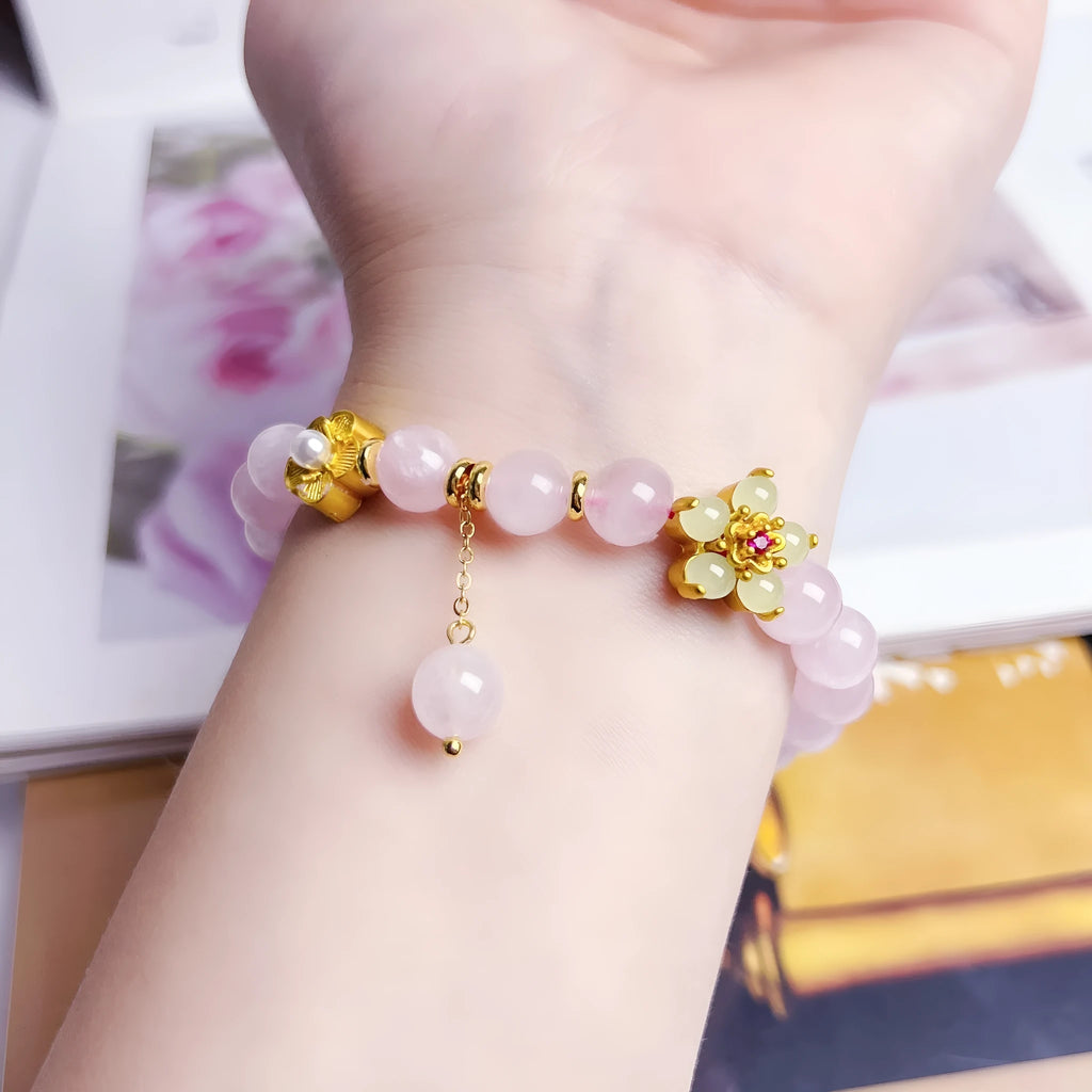 Pink crystal peach blossom bracelet for women, handmade natural style