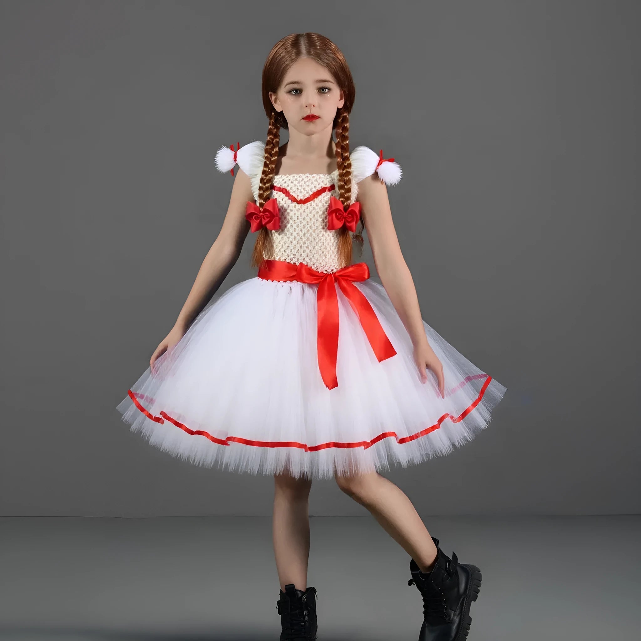 Children's white ghost doll costume dress with skirt bow barrettes and hair clips, Halloween cosplay