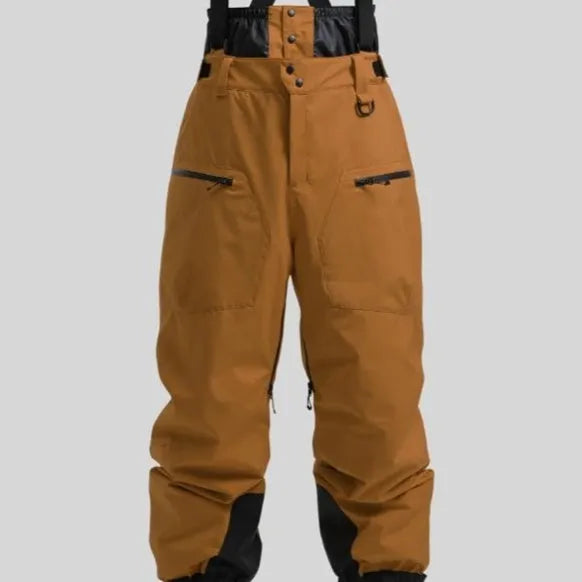 Men's black waterproof linen ski pants with flame retardant function on a size chart.