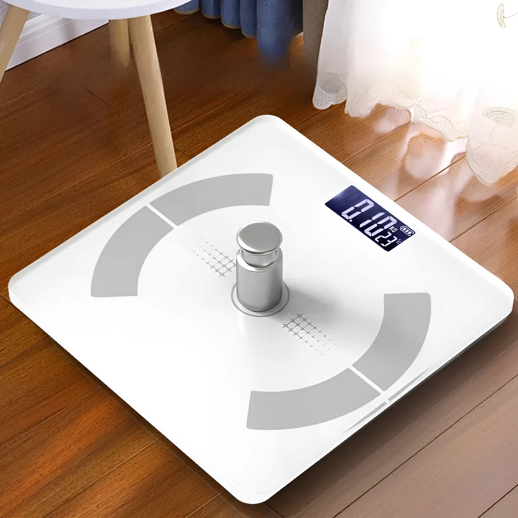 Bluetooth body fat scale in white colour showing digital display with health metrics including weight and body fat percentage
