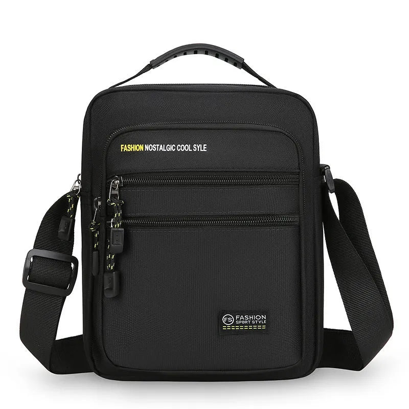 Men's solid colour nylon crossbody bag shown in green, black, dark blue, and gray options.