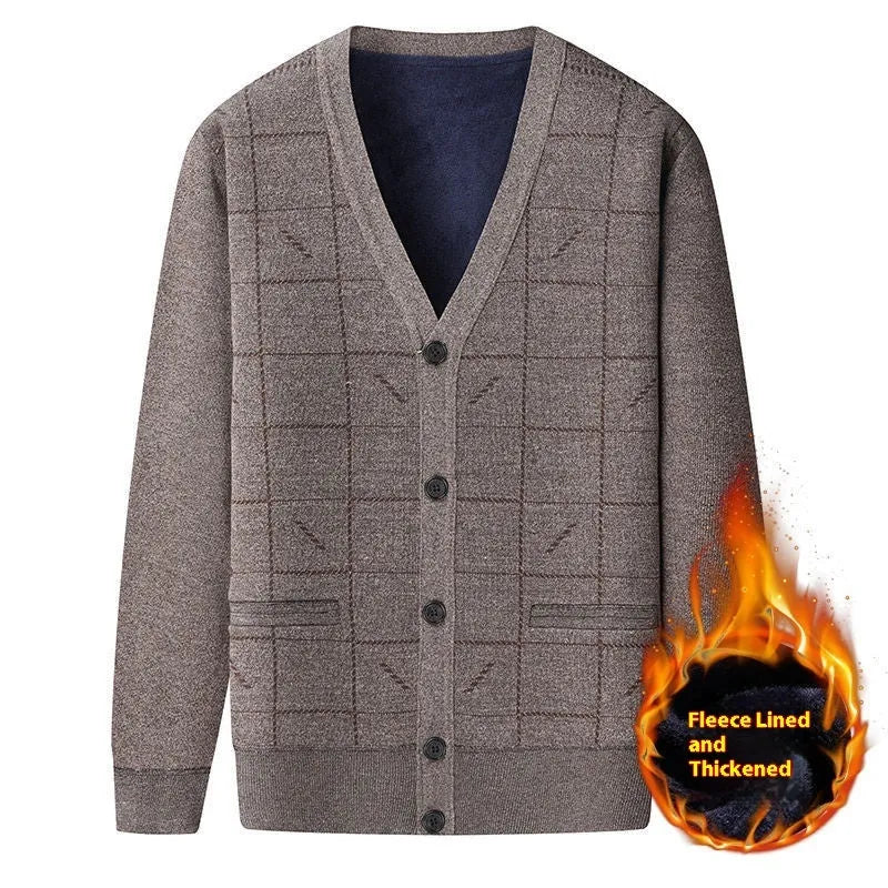 Men's grey batwing sleeve cardigan with velvet lining, shown on a hanger.