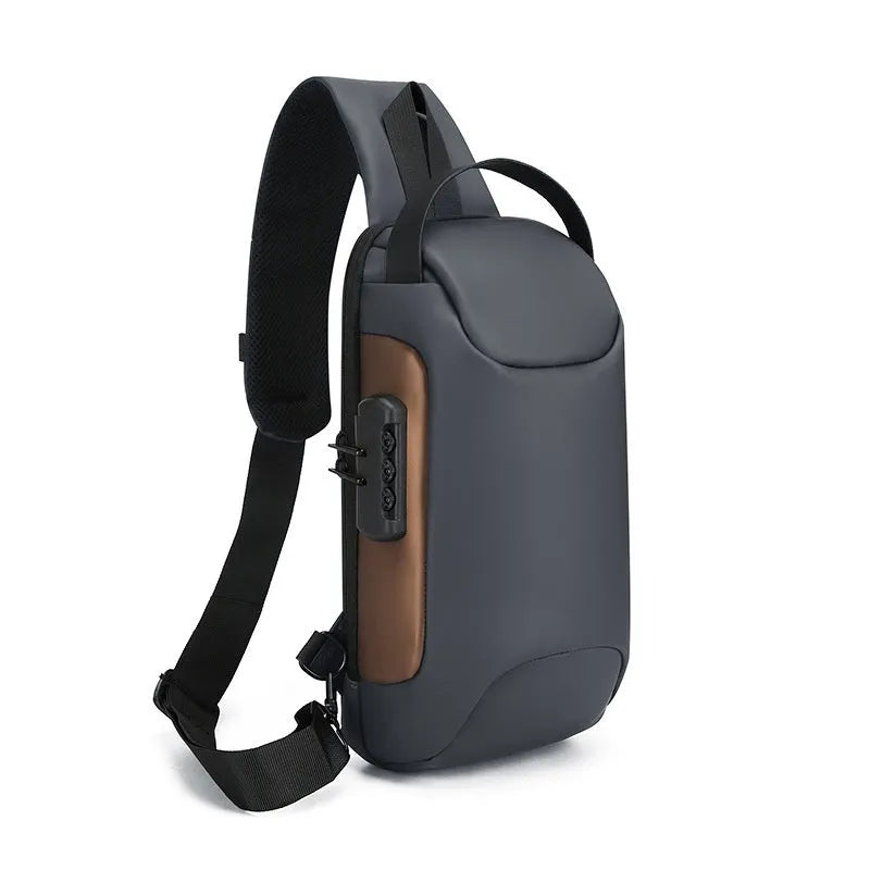 Men's anti-theft chest bag in Oxford cloth with combination lock and USB charging port, medium size, black colour
