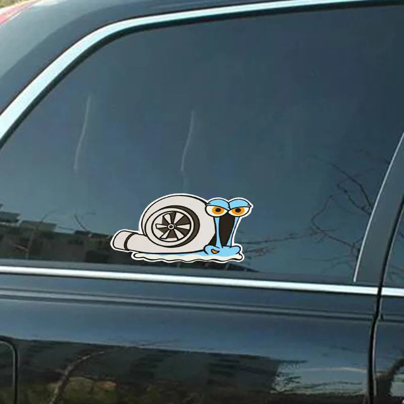 Colourful reflective cartoon snail car bumper sticker measuring 12 by 8 centimetres.