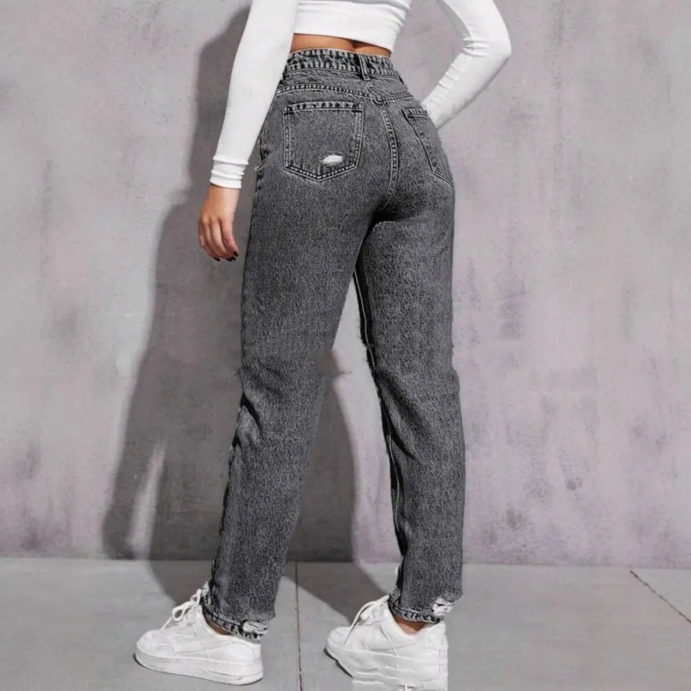 Women's ripped washed skinny jeans in light blue with nine-part calf length, high waist, cotton denim stretch fabric