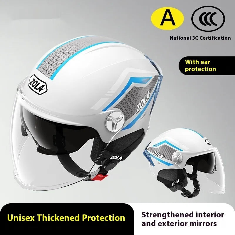 A battery-operated motorcycle half helmet with a double mirror visor in a light brown colour.