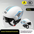 A battery-operated motorcycle half helmet with a double mirror visor in a light brown colour.
