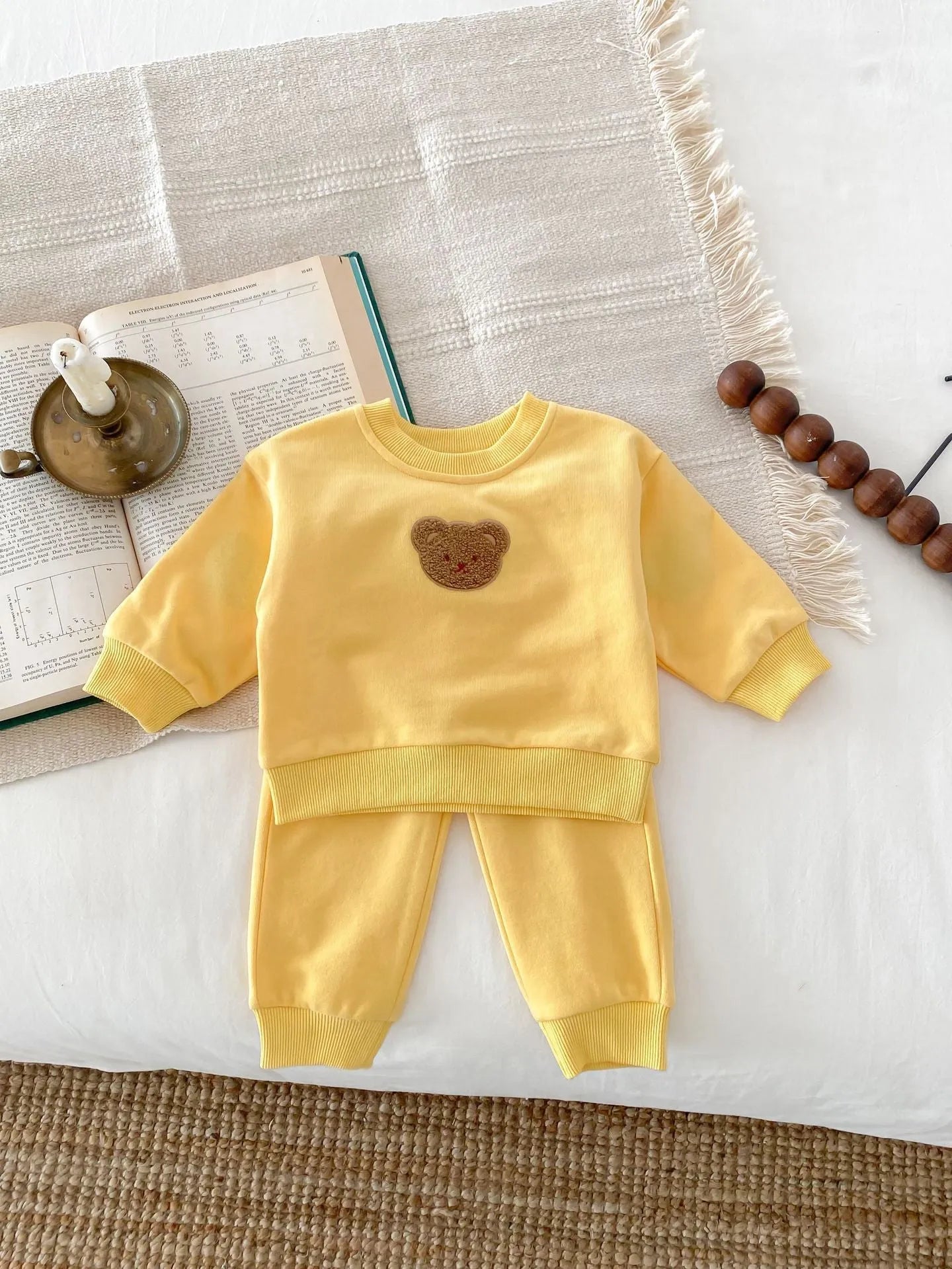 Long sleeve bear pullover sweater suit set in light beige for children 73-110cm cotton cartoon pattern
