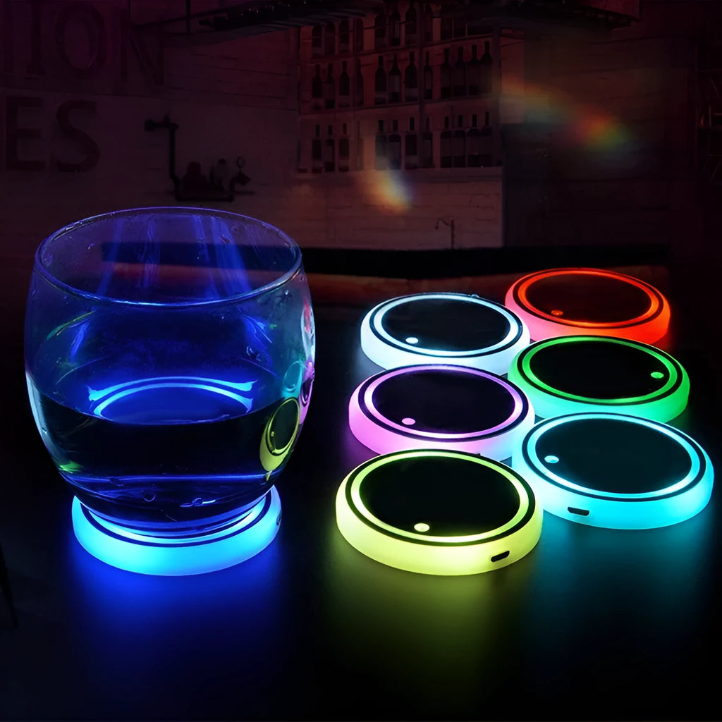 Colourful LED light-up coaster for car cup holder with seven colour options and USB cable.