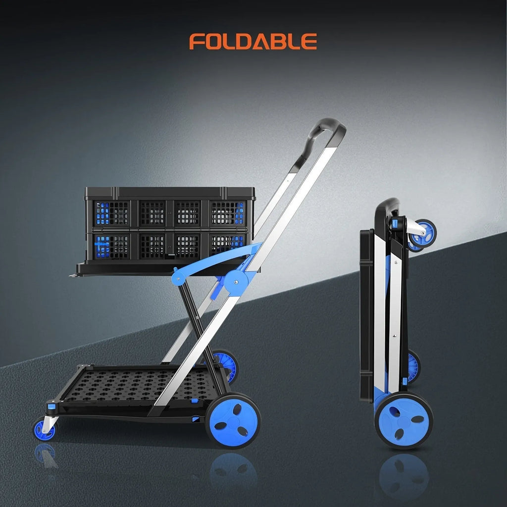 Foldable shopping cart with a double-layer plastic basket, shown in a choice of blue, purple, pink, or red colours.