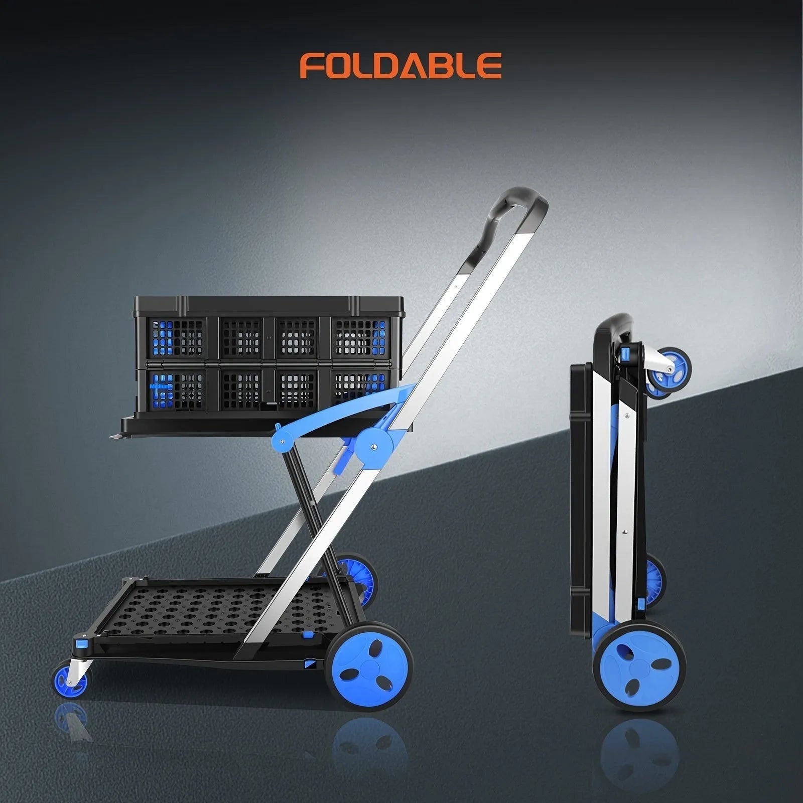 Foldable shopping cart with a double-layer plastic basket, shown in a choice of blue, purple, pink, or red colours.