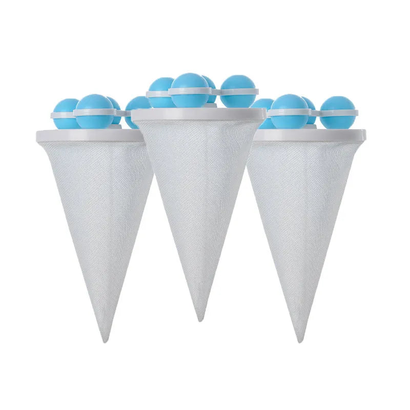 Three pink reusable mesh washing machine filter bags for catching pet hair and lint.