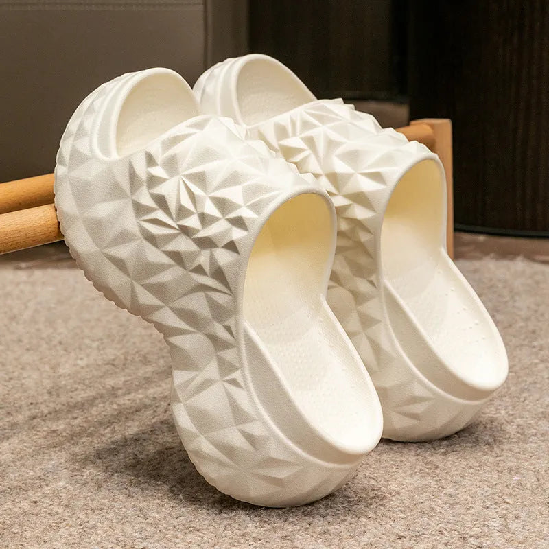 High heel Eva slippers with thick sole in khaki, black or white colours, showing flip-flop style design