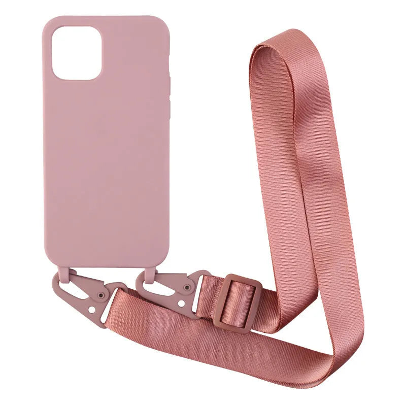 Black TPU buckle ribbon lanyard phone case protective sleeve with lanyard and opening for camera.