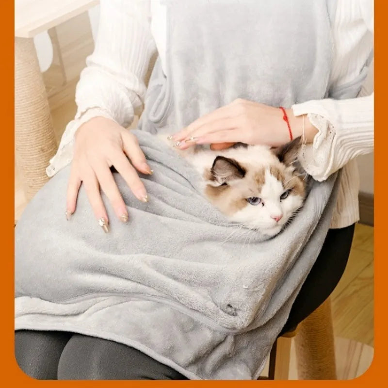 Plush pet carrier apron hanging chest bag for small cats and dogs showing adjustable neck and fresh-air opening