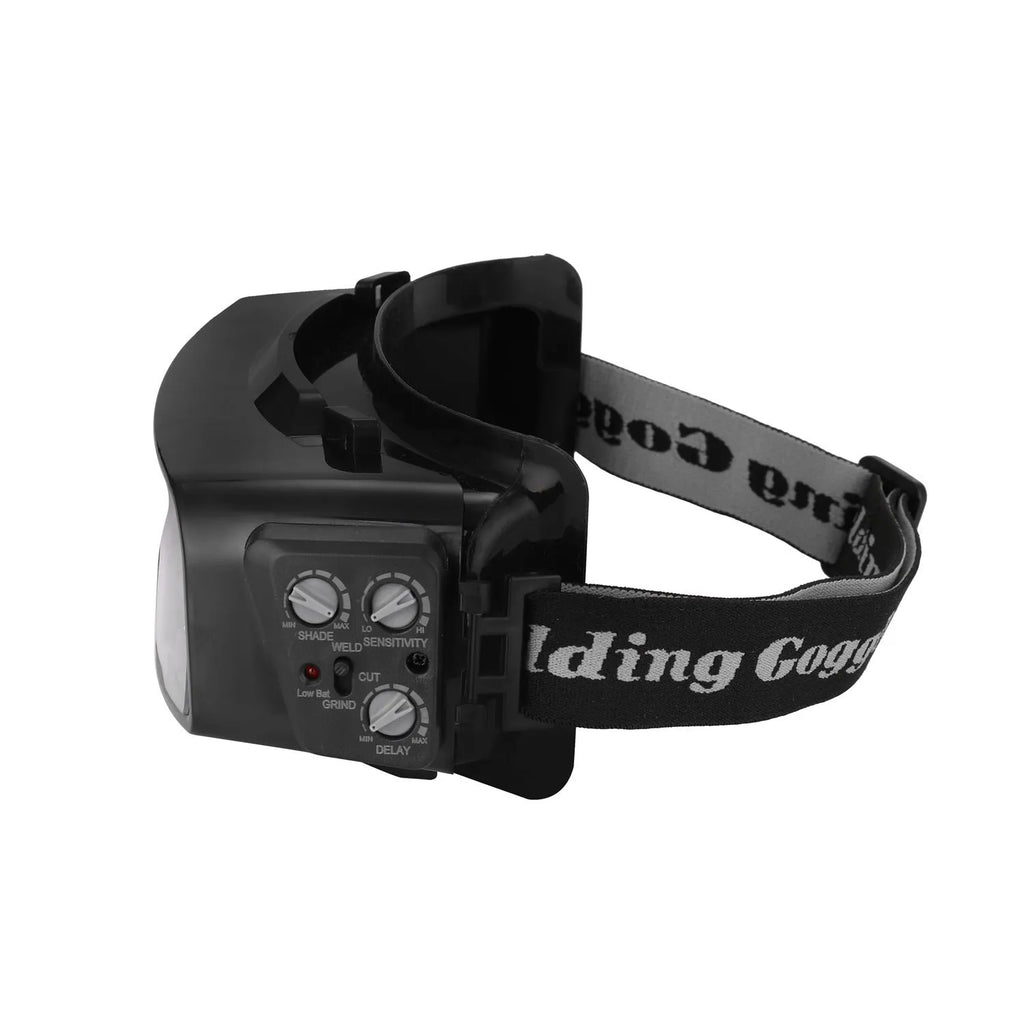 Black automatic darkening welding mask glasses with a large rectangular LCD viewing lens.