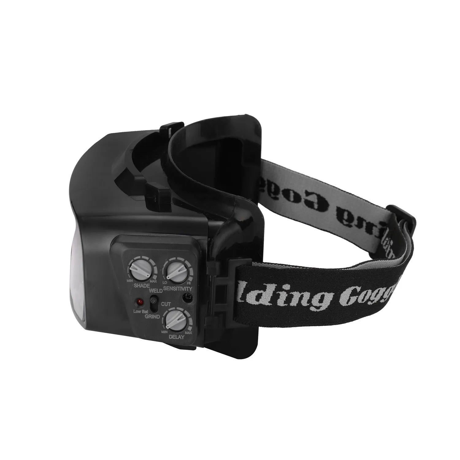 Black automatic darkening welding mask glasses with a large rectangular LCD viewing lens.