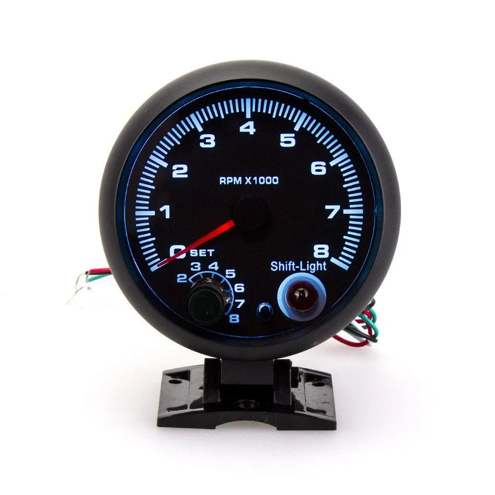 Black car tachometer with blue light pointer display showing 95mm size measurement