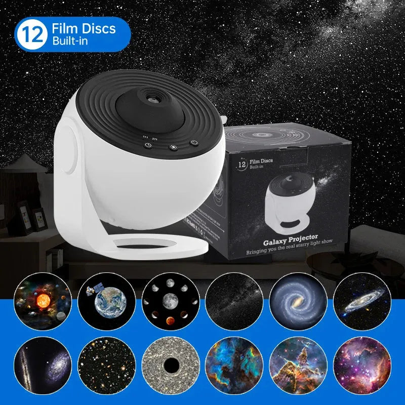 Black and white galaxy projector night light with 360-degree rotation, showing a starry sky film projection on a ceiling