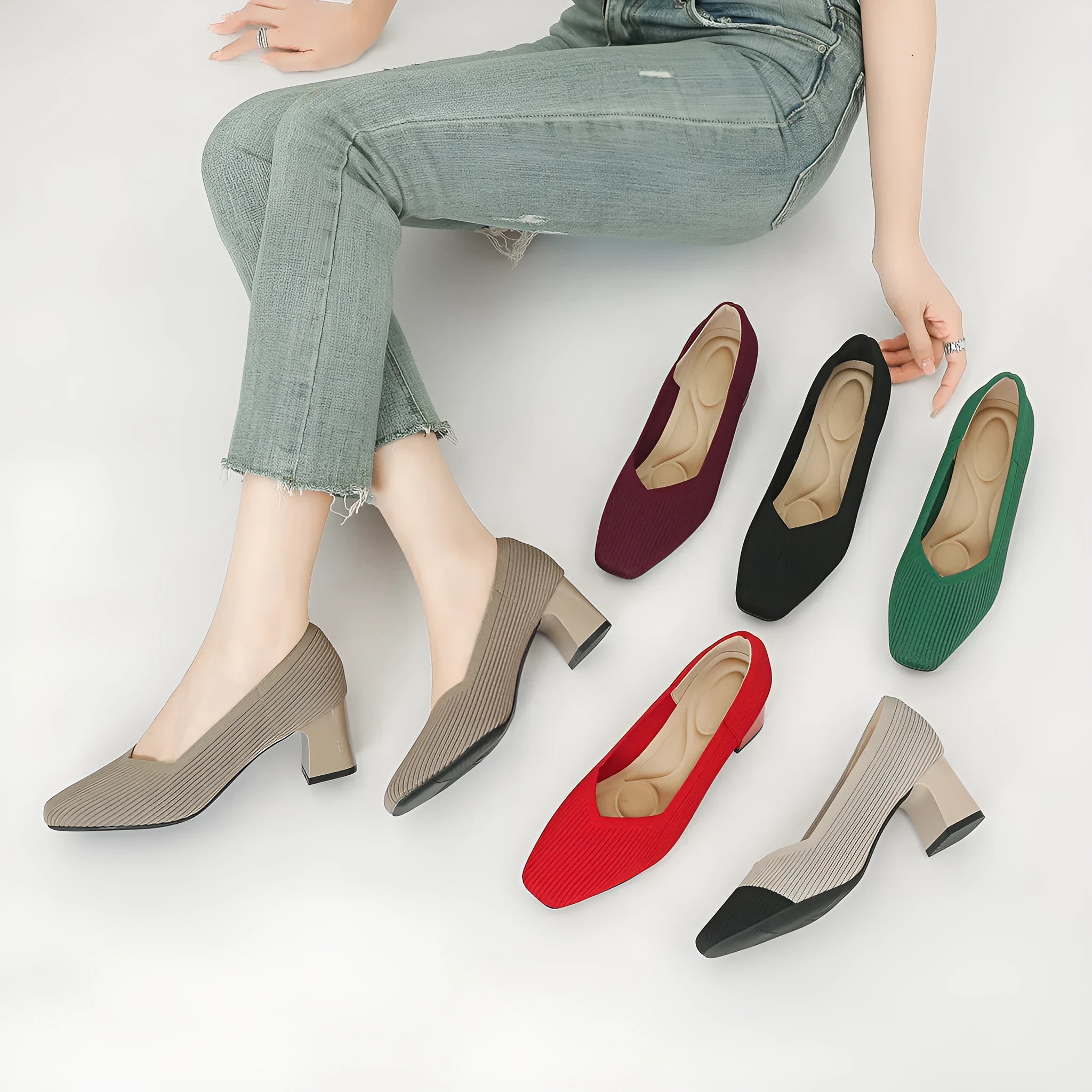 Women's thick heel stiletto knitted shoes in black, side view, square toe, mid-block heel