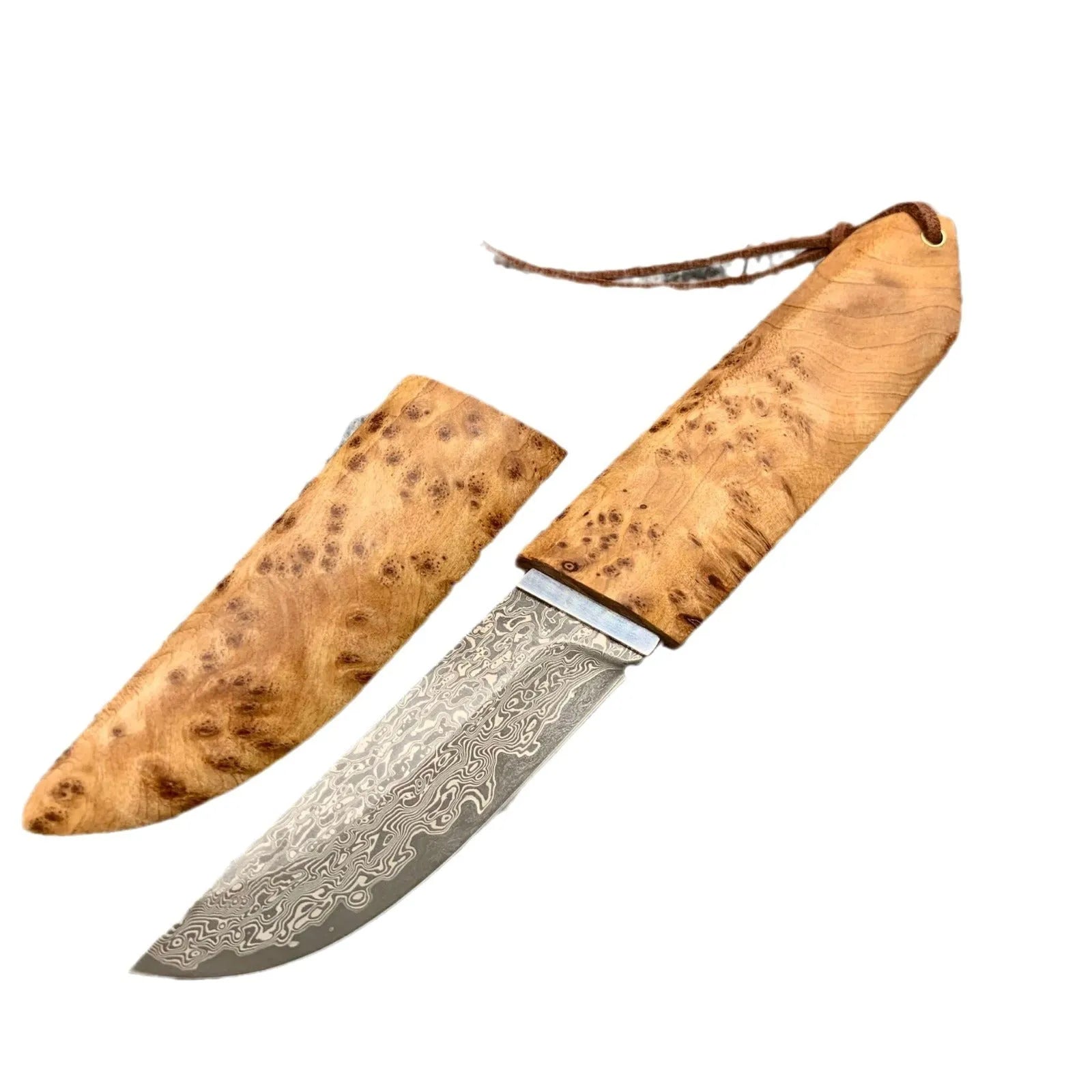 White shadow short knife with damascus VG10 steel blade and Thuja wood handle, 18cm total length