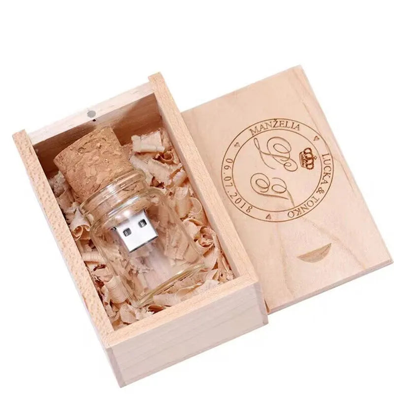 Wooden USB flash drive shaped like a drift bottle in a transparent casing.