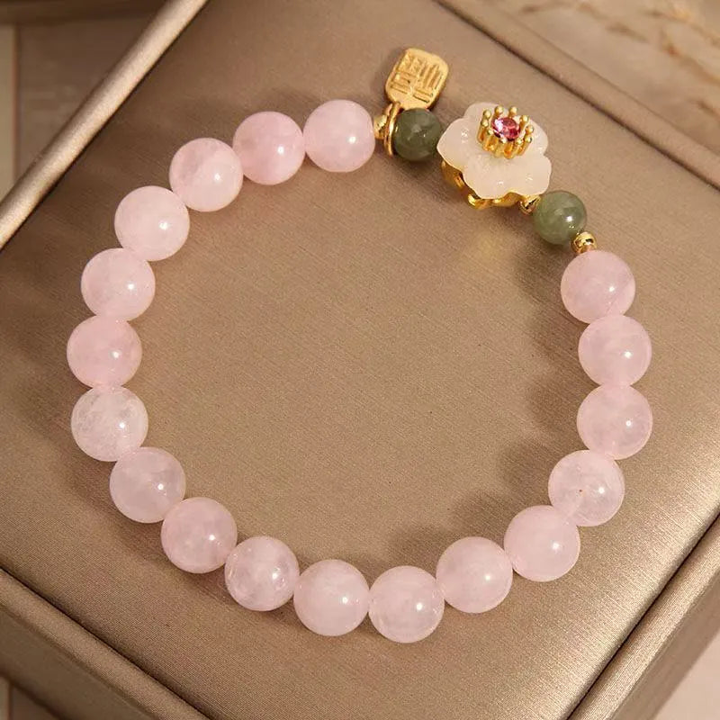 Women's crystal and Hetian jade beaded bracelet with peach blossom charm in blessing card colour