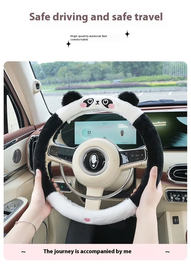 Plush cartoon steering wheel cover with rabbit fur embroidery, shown in bear design, for 38cm diameter wheels.