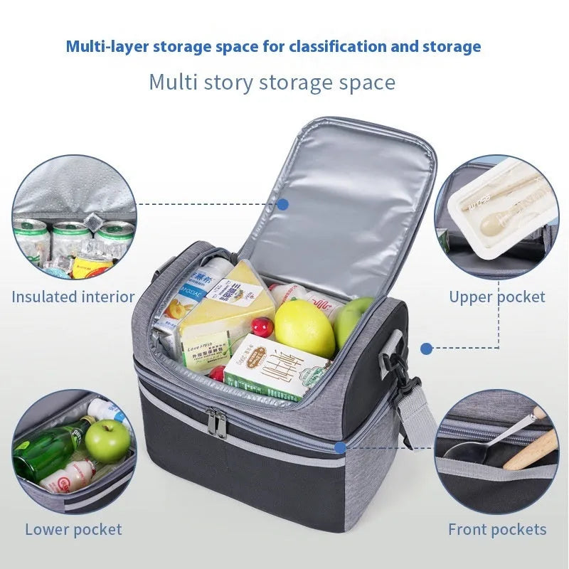 Double-layer colour matching lunch bag with thick aluminium foil insulated lining in Oxford cloth, black colour
