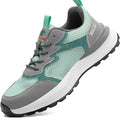 Green low-top work safety shoes with plastic toe cap, mesh upper panels, and slipper-style closure