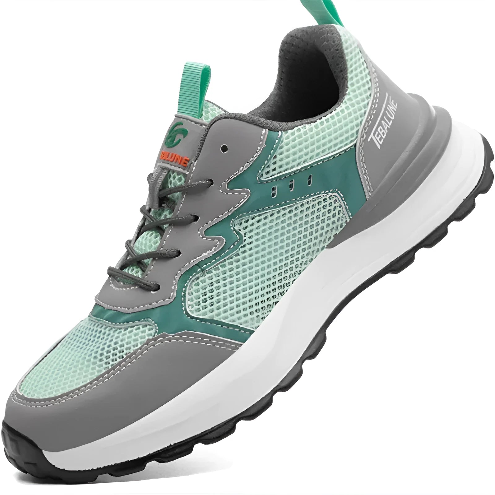 Green low-top work safety shoes with plastic toe cap, mesh upper panels, and slipper-style closure