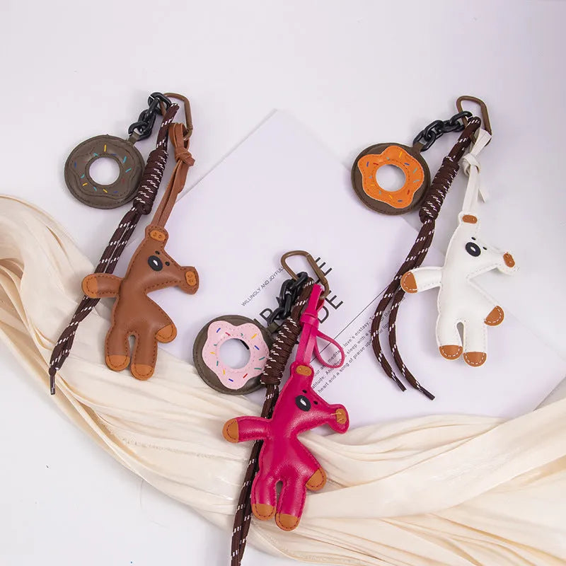 PU leather bear donut keychain in brown with semi-handmade finish and bag clip attachment