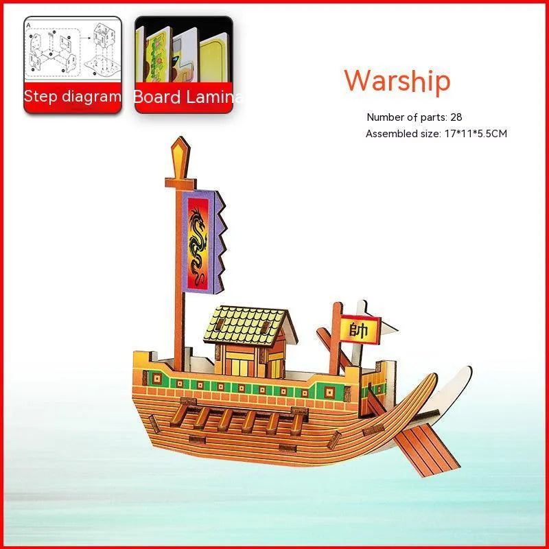 Wooden pirate ship assembled model kit with sticker details, 17x21cm, for teenagers aged 7-14