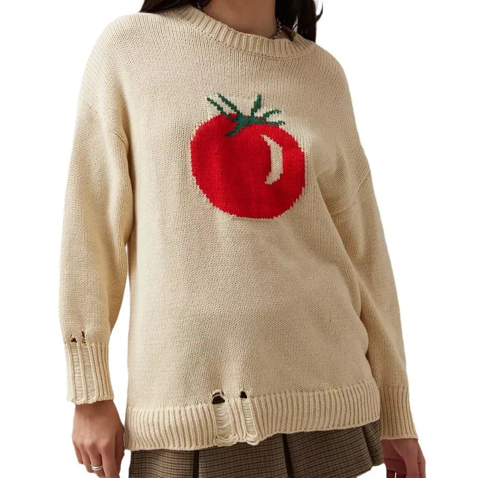 Women's milky white loose-fitting acrylic pullover sweater with round neck and Jacquard knit texture