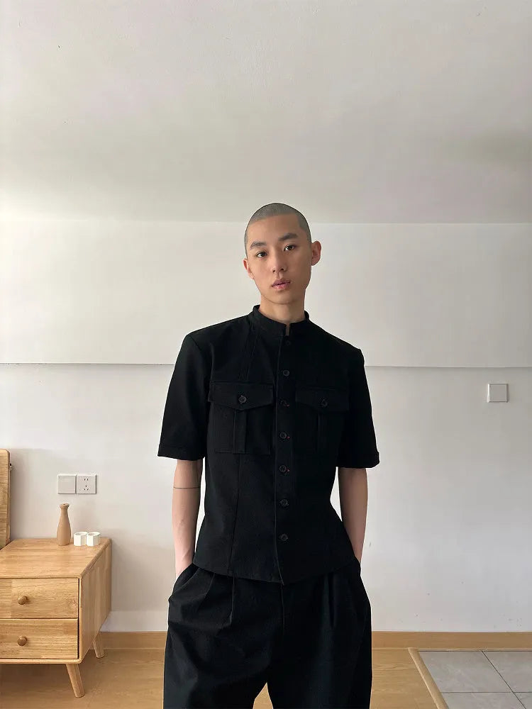 Handmade black half sleeve hunting shirt with shirt collar and single-breasted placket, loose fit design