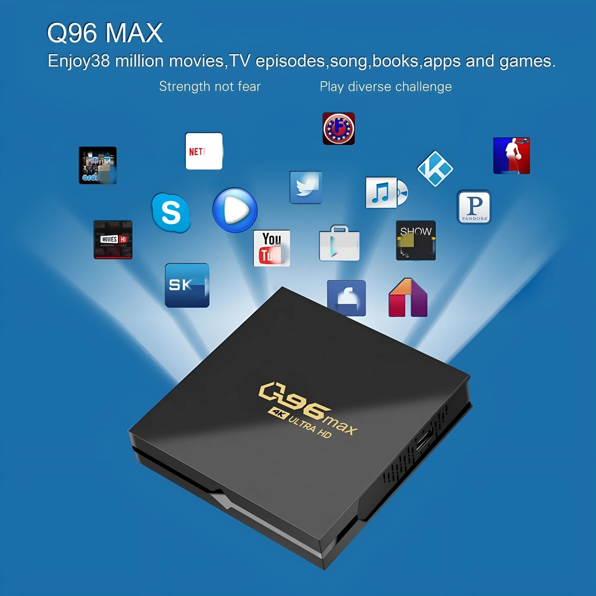 Q96 MAX S905 Android 4K TV Box set-top unit with remote control on a table.