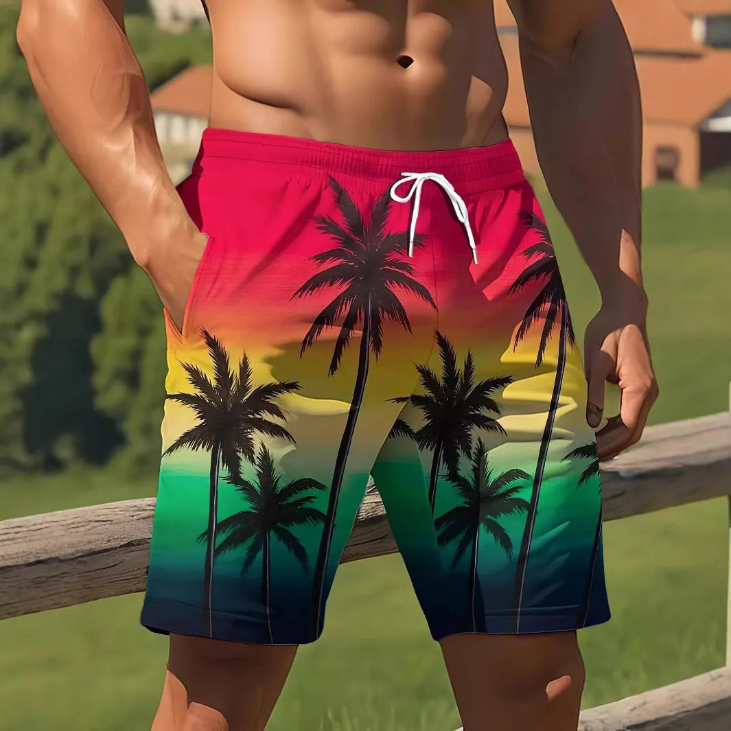 Men's micro-elastic quick-dry swimming trunks in polyester fabric showing size and colour options
