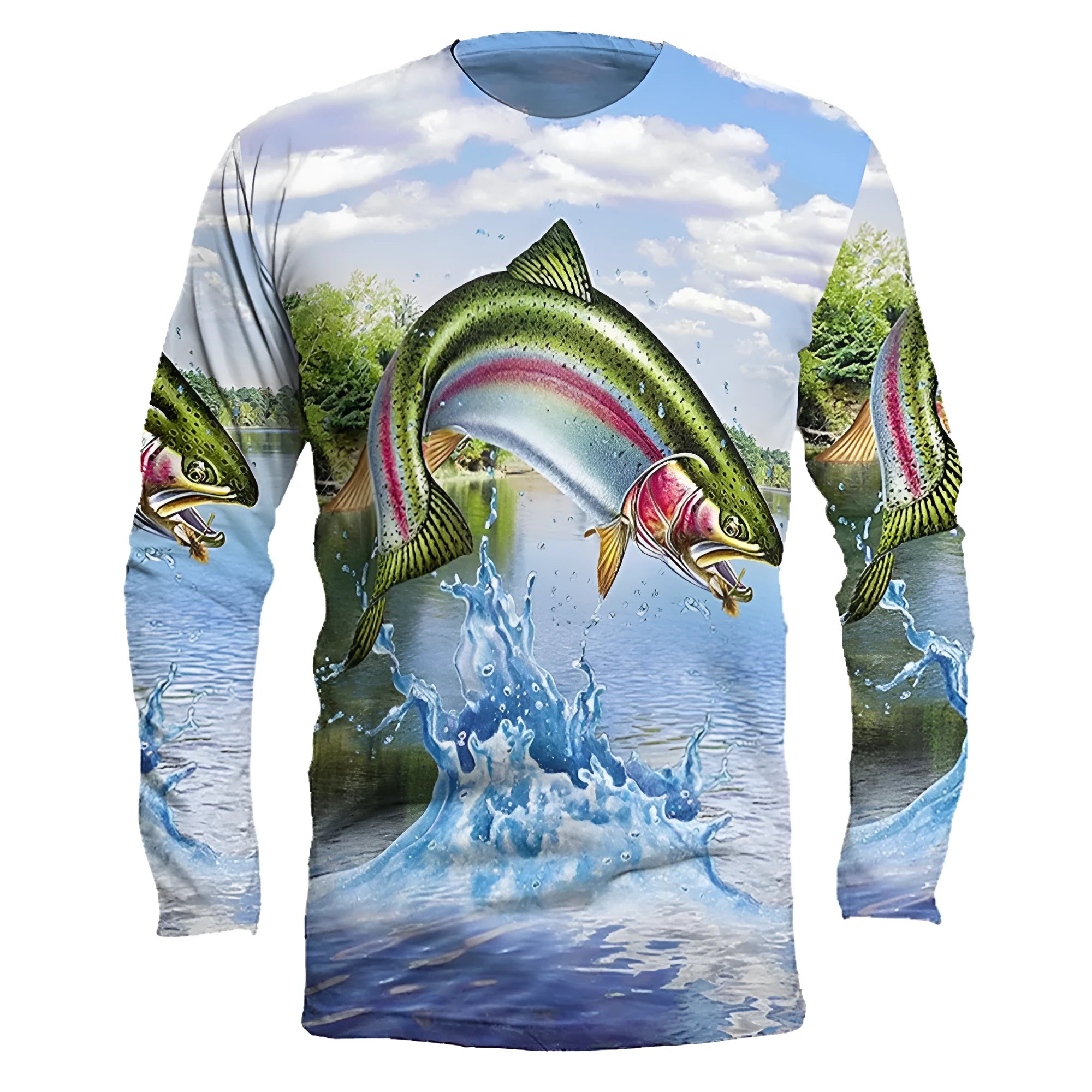 Men's long-sleeved pullover top with a printed fish pattern on a milk silk fabric.