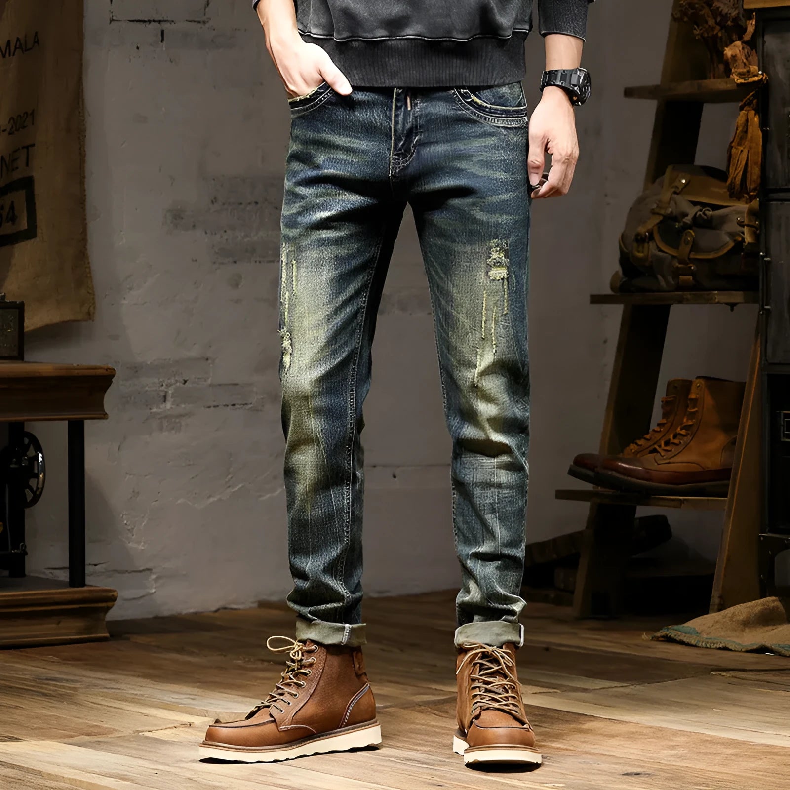 Men's skinny fit jeans in a retro blue wash with a zip fly closure.