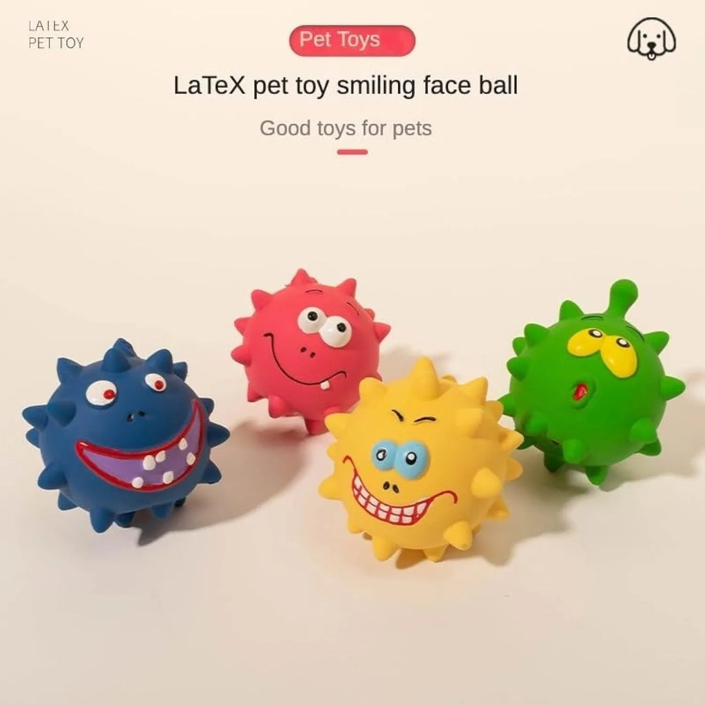 Set of four coloured squeaky dog balls with cute faces, made from natural latex rubber.