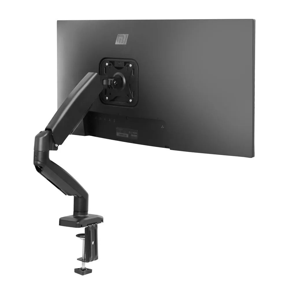 Black adjustable LCD monitor desk bracket extended beside a white version on a wooden desk.