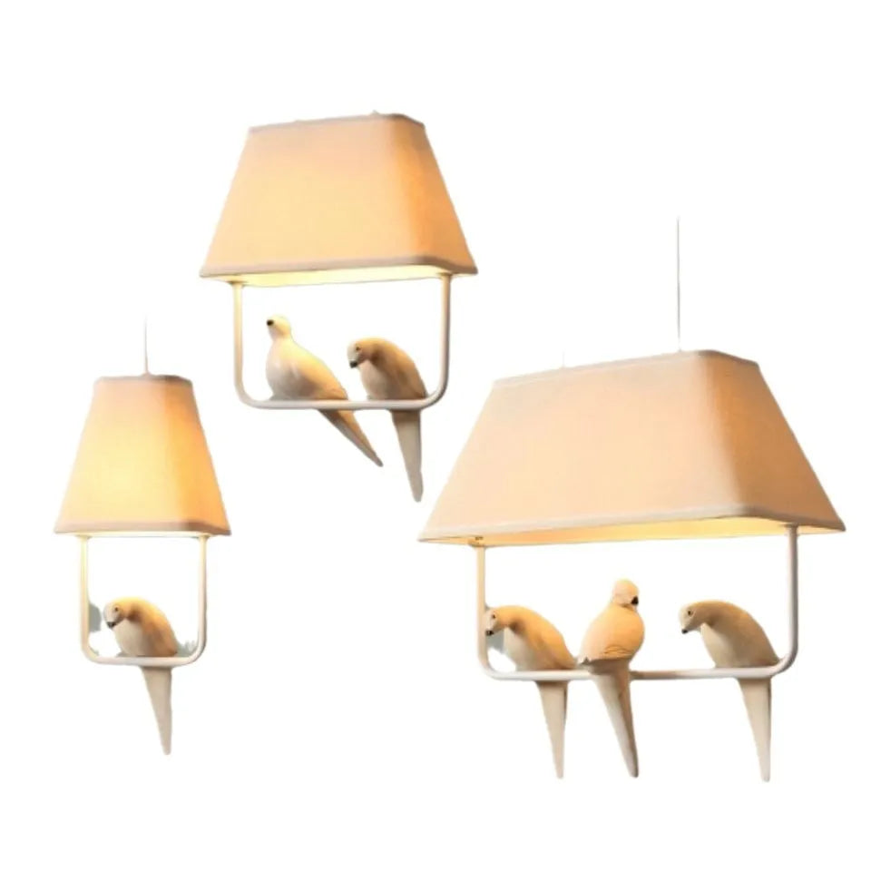 Iron bird chandelier ceiling lamp with fabric shades in bird-themed configuration